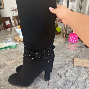 Black Knee-High Boots with Rhinestones and Bow Detail